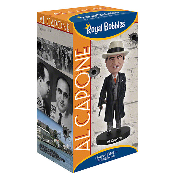 Al Capone bobblehead box with vintage photos and Alcatraz backdrop.