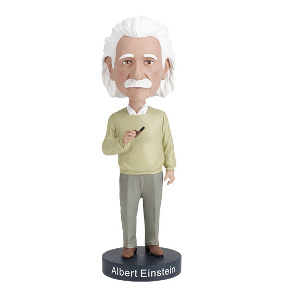Albert Einstein Bobblehead figure with white hair and mustache, wearing a beige sweater, holding a tobacco pipe on a round stand labeled "Albert Einstein."