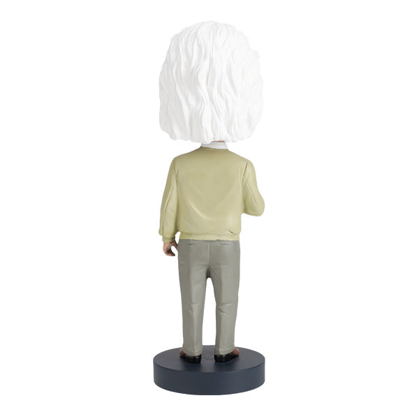 Back view of Albert Einstein Bobblehead figure with white hair and mustache, wearing a beige sweater, holding a tobacco pipe on a round stand labeled "Albert Einstein."