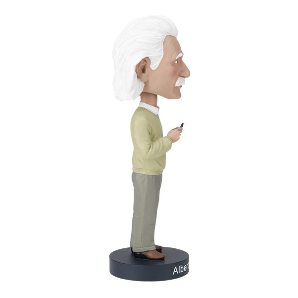 Right side view of Albert Einstein Bobblehead figure with white hair and mustache, wearing a beige sweater, holding a tobacco pipe on a round stand labeled "Albert Einstein."