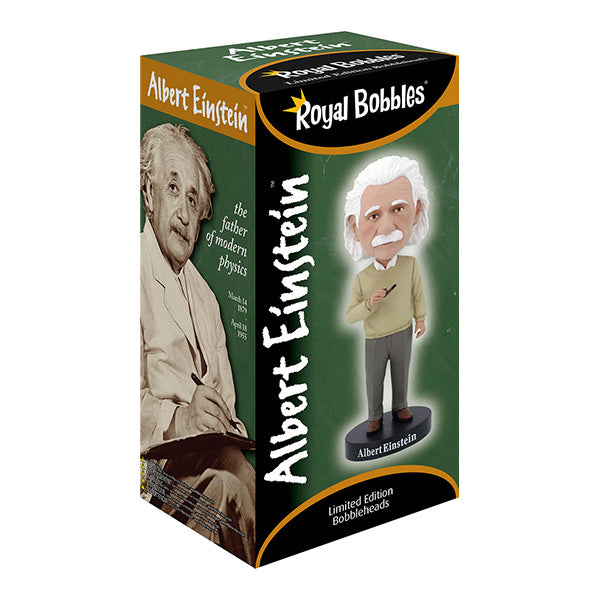 Albert Einstein Bobblehead Box featuring Einstein's name, a vintage photo, and the phrase "The Father of Modern Physics.