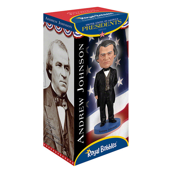 Andrew Johnson bobblehead box featuring the American flag in the background. The side shows Johnson's portrait in sepia color with his lifespan and presidency details. The tone is patriotic and historical.