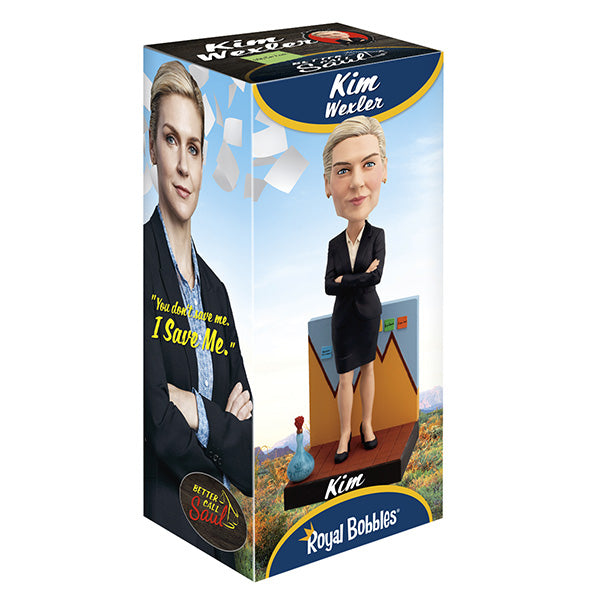 Box packaging for Better Call Saul Kim Wexler bobblehead of a woman in a suit, arms crossed, with a small background scene. Text reads "Kim Wexler" and "I Save Me."