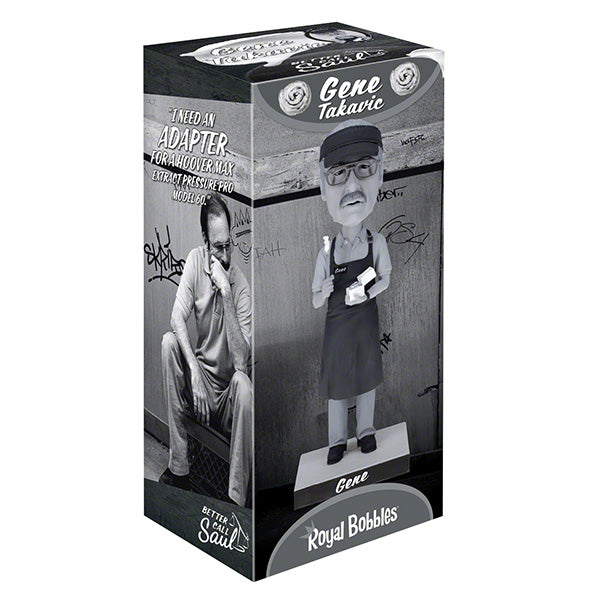 Black-and-white box of the Better Call Saul Gene Takavic bobblehead, featuring a cartoonish figurine in an apron and cap, with graffiti background. Mood is nostalgic.