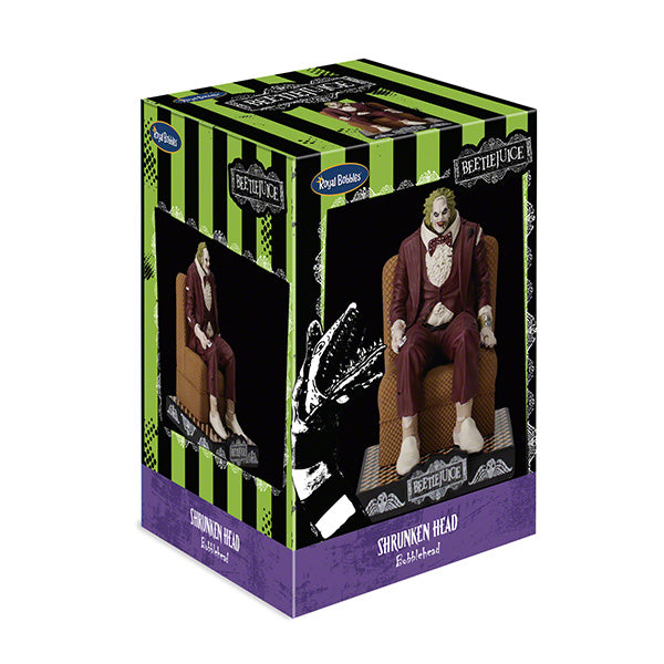 Box for a "Beetlejuice" Shrunken Head Bobblehead. It features a figure in a burgundy suit with a shrunken head, seated on a chair. The box has green and black stripes, with a playful, spooky design.
