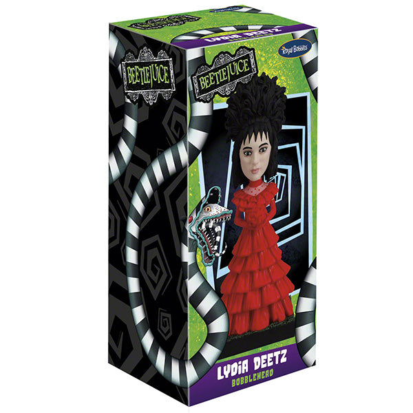 Beetlejuice Lydia Deetz Bobblehead box featuring in a red dress with dark, spiky hair. The box has a black and green design with "Beetlejuice" logos and a spiral pattern.
