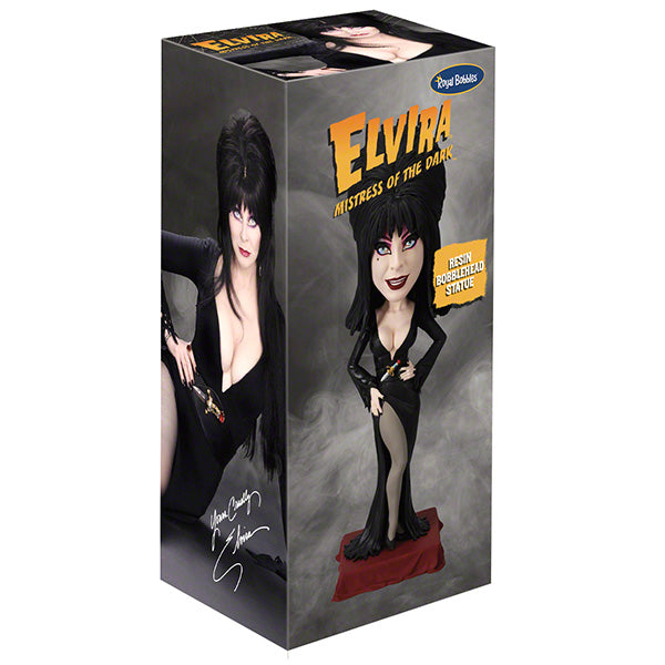 Elvira Mistress of the Dark bobblehead box with character in dark gown and gothic design.