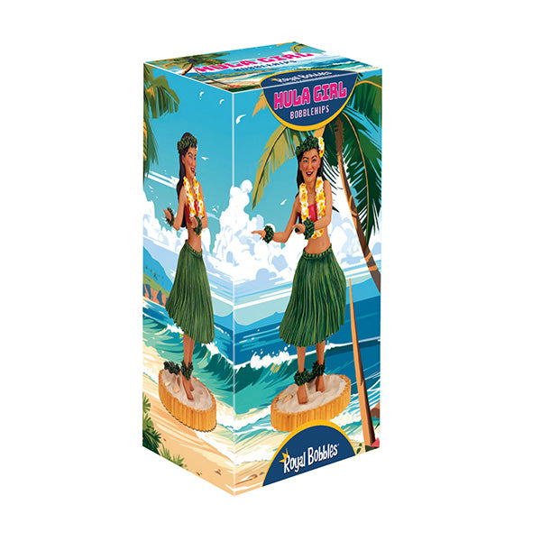 Hula Girl Bobblehips box with dancer in grass skirt and beach background.