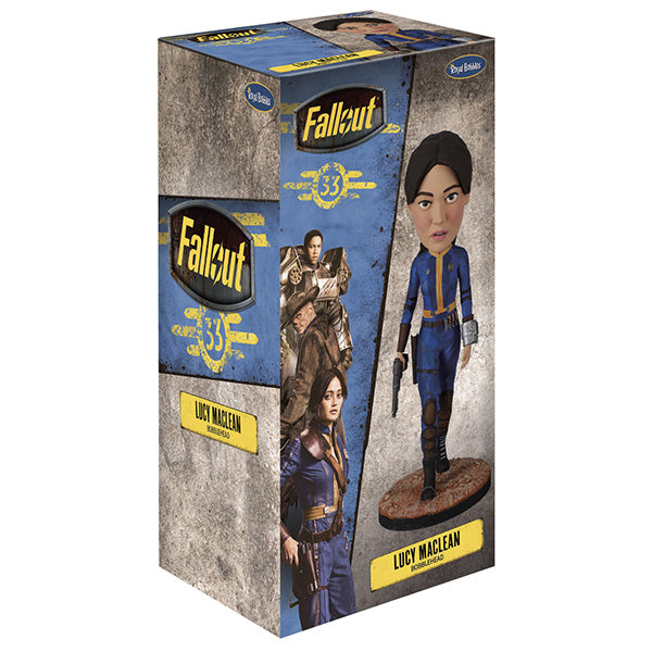 Packaging for Fallout Lucy Maclean bobblehead with rugged design.