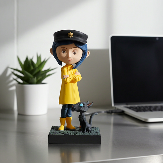 Coraline in yellow raincoat and black hat, arms crossed, looking at black cat in office