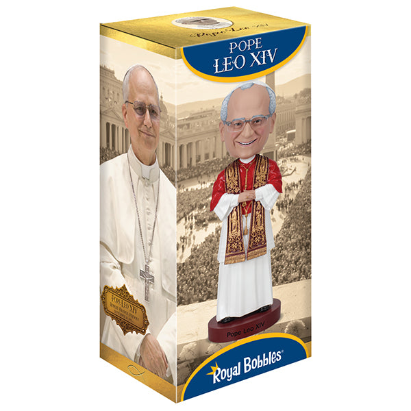 Box for a "Pope Leo XIV" bobblehead by Royal Bobbles. Features a photo, an illustration of a smiling pope in red and white robes, with a historic city backdrop.