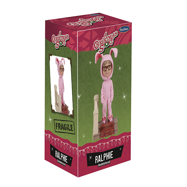 A Christmas Story Ralphie bobblehead. The box is featuring Ralphie in a pink bunny suit on a patterned rug, enclosed in a festive, polka-dotted package.
