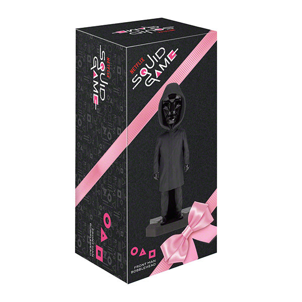 Squid Game Front Man bobblehead box with dark design and pink ribbon.