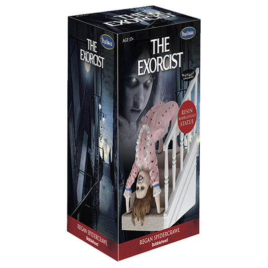 Box for 'The Exorcist' resin figurine with Regan Spidercraw doll on a white background