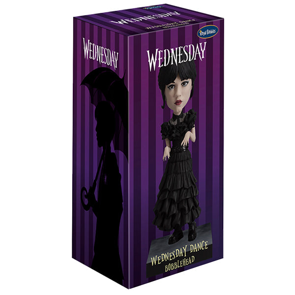 Boxed 'Wednesday' doll from the Addams Family with purple and black design.