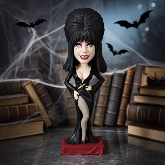 Elvira with voluminous hair, dramatic makeup, black dress with high slit and spooky background