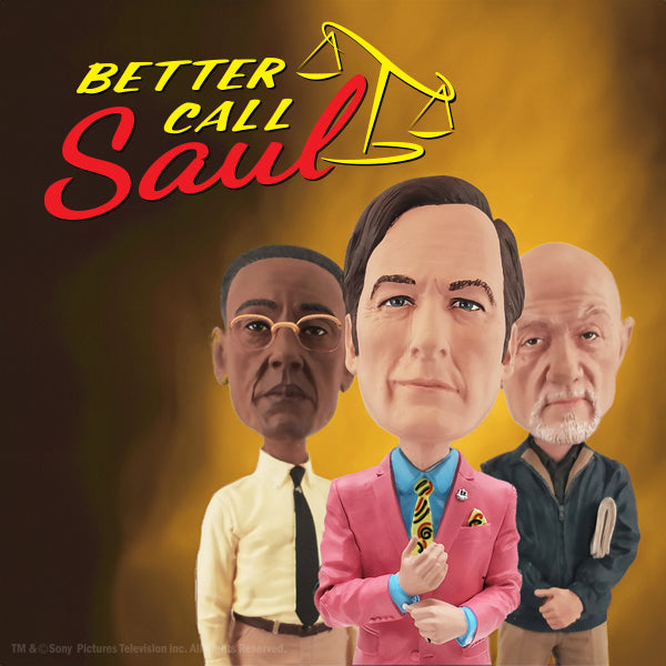 Better Call Saul figurine set featuring Saul Goodman, Mike Ehrmantraut and Gus Fring in iconic poses from the series. 