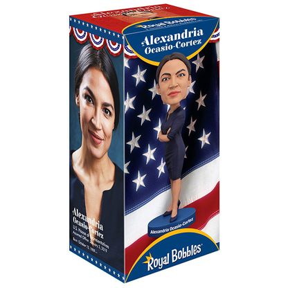 Alexandria Ocasio-Cortes bobblehead box featuring in a blue suit against a U.S. flag background. Her portrait is on the side, conveying confidence and patriotism.