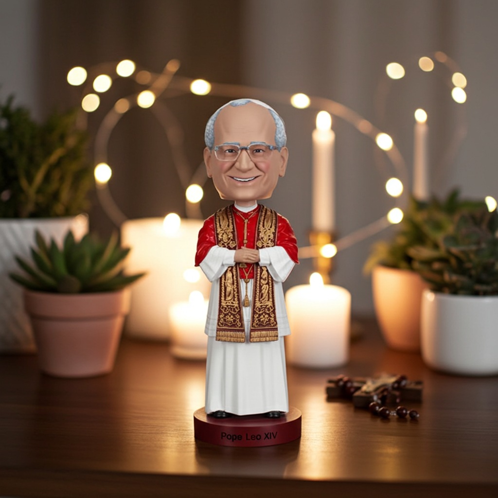 Religious bobblehead on wooden surface with candles and plants.