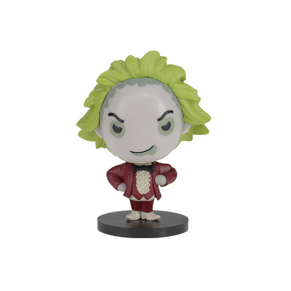Beetlejuice Go! Bobbles a mischievous vinyl figure with large green hair and a smirk. It wears a red suit with a white ruffled shirt. The stance is confident and playful.