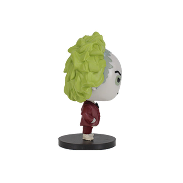Right side view Beetlejuice Go! Bobbles bobblehead, a mischievous vinyl figure with large green hair and a smirk. It wears a red suit with a white ruffled shirt. The stance is confident and playful.