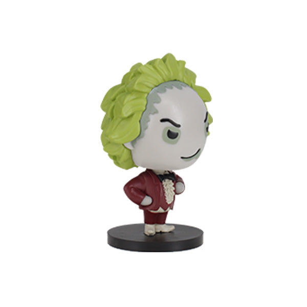 3/4 Right side view of Beetlejuice Go! Bobbles bobblehead, a mischievous vinyl figure with large green hair and a smirk. It wears a red suit with a white ruffled shirt. The stance is confident and playful.