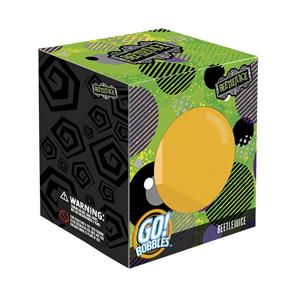 A colorful box for a Beetlejuice-themed Go! Bobbles figure. It features green, purple, and black swirls with a clear view window.