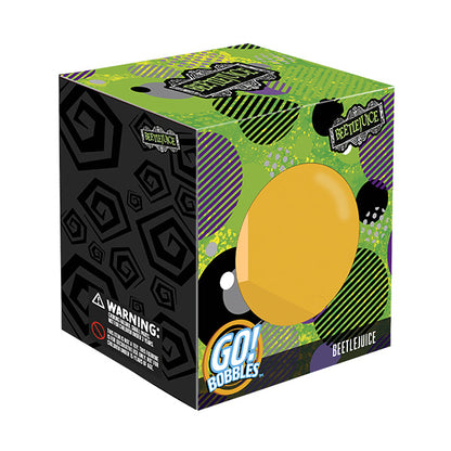 A colorful box for a Beetlejuice-themed Go! Bobbles figure. It features green, purple, and black swirls with a clear view window.