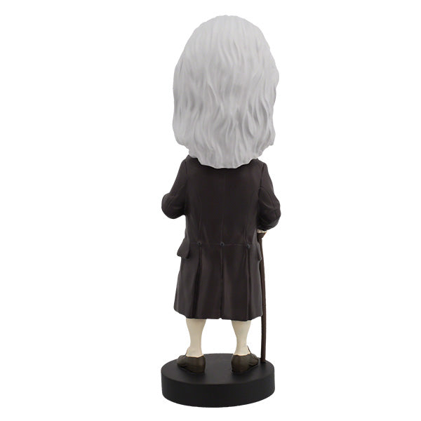Back View of Benjamin Franklin bobblehead featuring an elderly man with a bald head and long white hair, wearing glasses and colonial attire, stands on a base labeled "Ben Franklin."