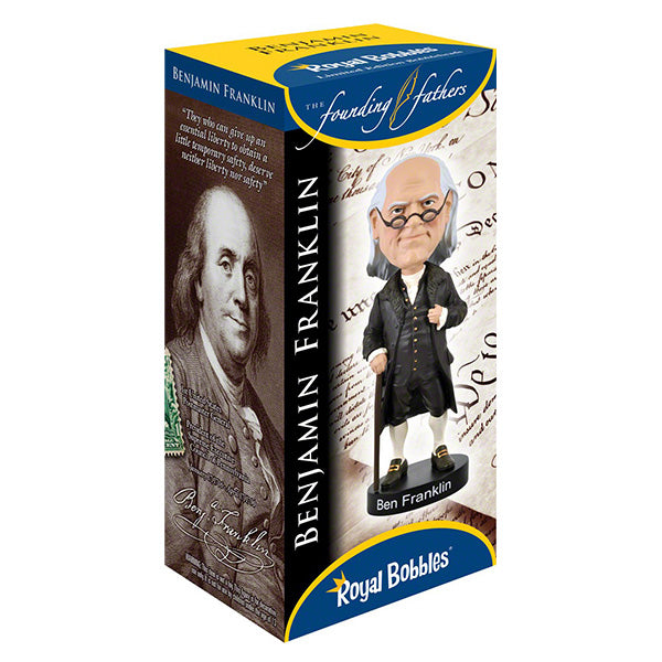 Box of Benjamin Franklin bobblehead, featuring a historical portrait and quote. The bobblehead shows Franklin in a classic pose, conveying respect.