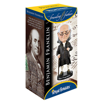 Box of Benjamin Franklin bobblehead, featuring a historical portrait and quote. The bobblehead shows Franklin in a classic pose, conveying respect.