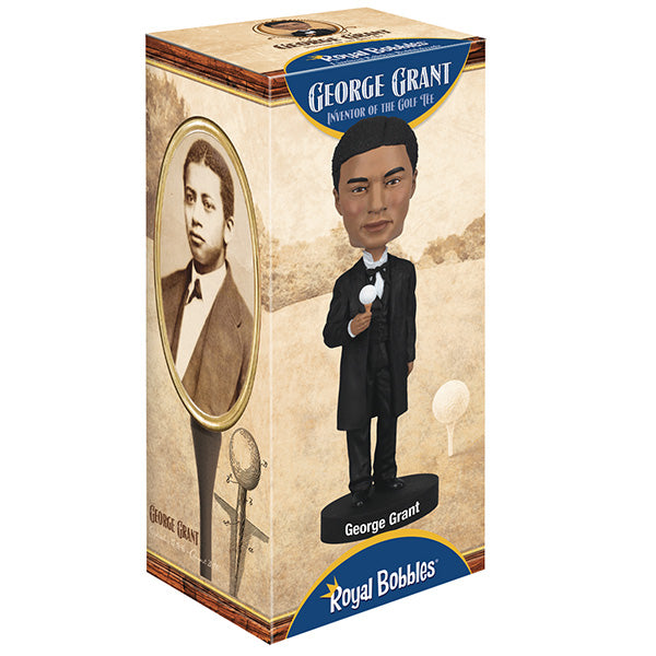 Bobblehead figure of George Grant with packaging featuring historical images and text.