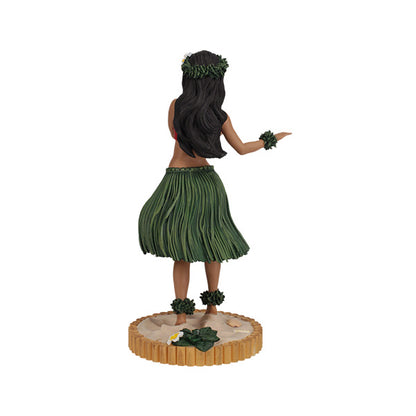 Back view of Hula dancer figurine in green grass skirt with floral lei on sandy base