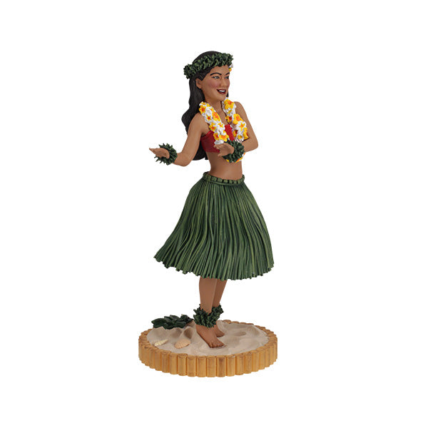 3/4 right view of Hula dancer figurine in green grass skirt with floral lei on sandy base