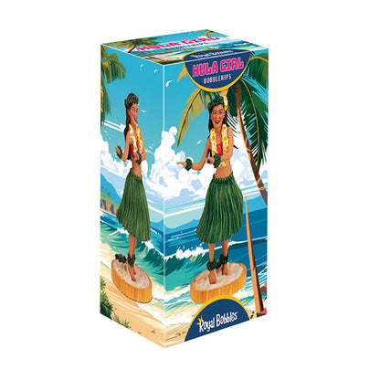 Hula Girl Bobblehips box with dancer in grass skirt and beach background.