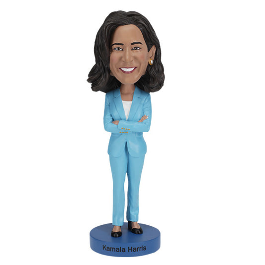 Kamala Harris Bobblehead, featuring her in a professional outfit with a cheerful demeanor, mounted on a small base.