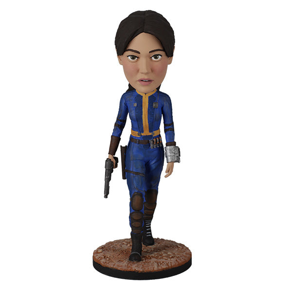 Bobblehead figure of a character in a blue and black outfit with a brown base on a white background