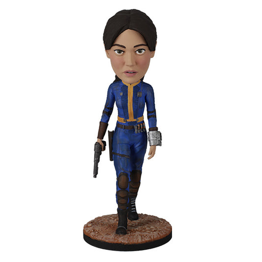 Bobblehead figure of a character in a blue and black outfit with a brown base on a white background