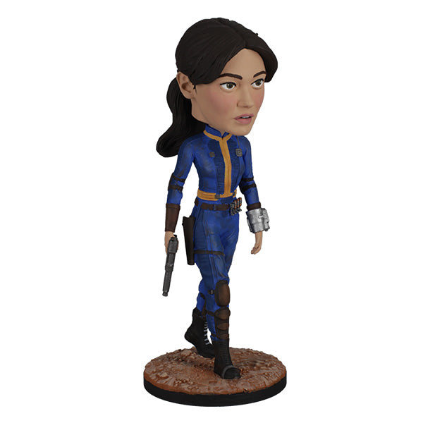 Bobblehead in blue and black outfit with a white background