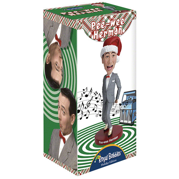 Box packaging for a Pee-wee Herman bobblehead figure with holiday theme