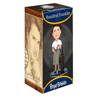 Bobblehead packaging featuring Rosalind Franklin with Royal Bobbles branding.