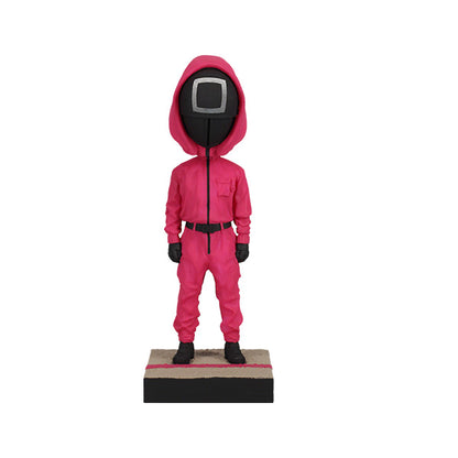 Pink hooded suit with a black mask on a white background