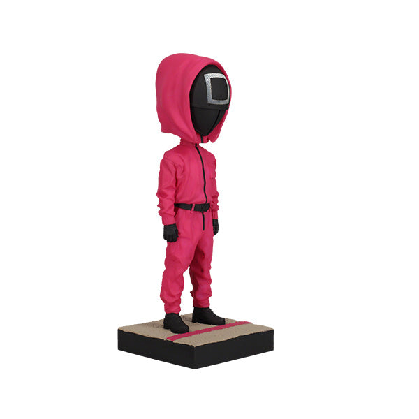 Right view pink hooded suit with a black mask on a white background