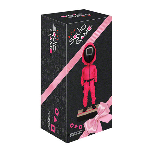 Squid Game masked guard bobblehead box with red-jumpsuit figure on black background.