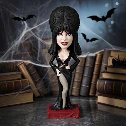 Elvira with voluminous hair, dramatic makeup,  black dress with high slit and spooky background