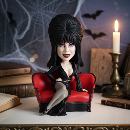 Elvira with large black hairstyle in black dress sitting on red sofa haunted setting